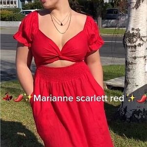 Aulieuded Marianne Scarlet Red Wrap Dress with Ruffle Hem